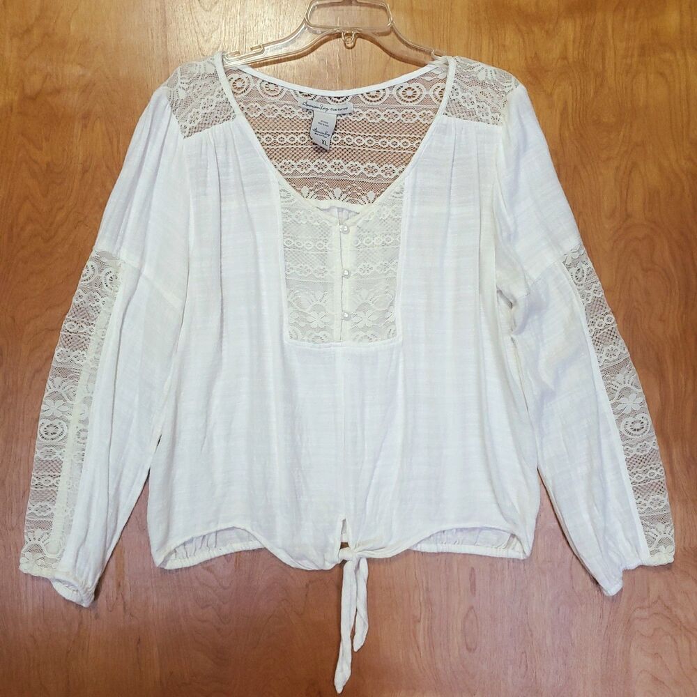 Lacy Popover Peasant Top XL Cream Lace Sleeve Boho Bohemian Festival Tie Waist